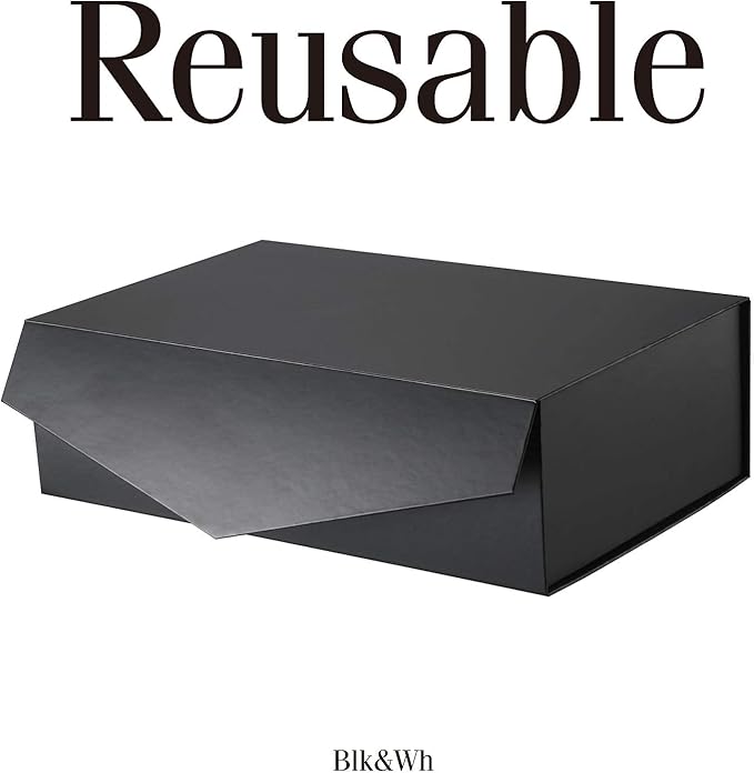 BLK&WH Large Gift Box 13.5x9x4.1 Inches, Black Collapsible Groomsman Gift Box with Magnetic Lid (Matte Black)