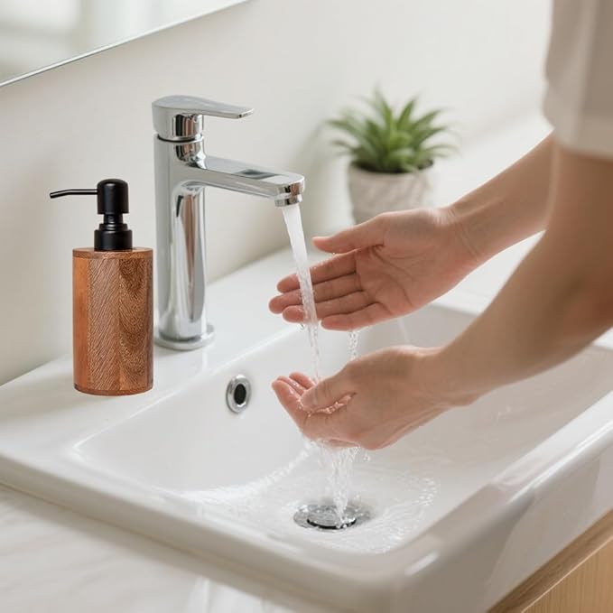 Walnut Wood Soap Dispenser with Pump, Funnel & Label, Refillable Hand Soap Dispenser for Bathroom & Kitchen, Cylinder Design, Rustic Countertop Decor(7oz/200ml)