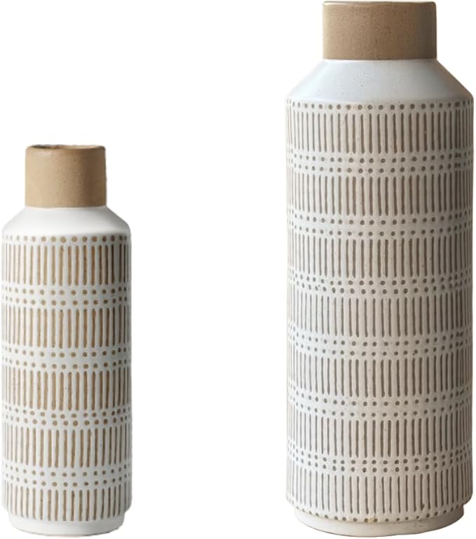 Rustic Ceramic Vase Set of 2 for Living Room Bedroom 15.75'' and 11.02'' Farmhouse Flower Bouquet Vases for Fake Plant Home Decor Office Fireplace Centerpieces Retro Vintage Modern Gift