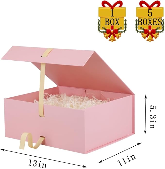 BoxSkivra Large Pink Gift Box with Ribbon 1 Pack 13X11X5.3 Inch Large Gift Box with Lid Magnetic Closure Rectangle Collapsible Luxury Wrap Box for Wedding Gifts Crinkle Cut Paper Shred with Card