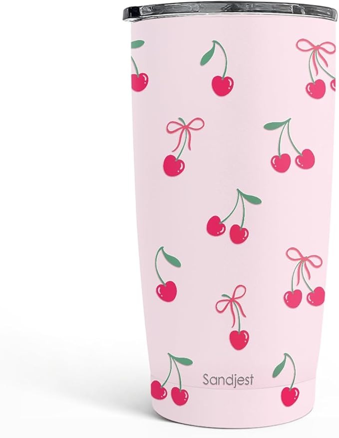 SANDJEST Cherry Tumbler 20oz, Stainless Steel Travel Cup with Lid, Insulated Coffee Mug, Cherry Gifts for Women Girls Friends Sisters on Birthday Christmas