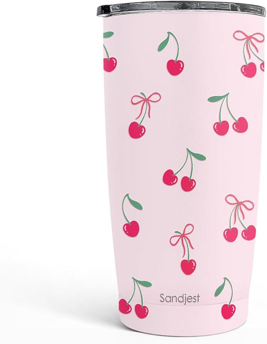 SANDJEST Cherry Tumbler 20oz, Stainless Steel Travel Cup with Lid, Insulated Coffee Mug, Cherry Gifts for Women Girls Friends Sisters on Birthday Christmas