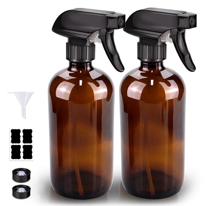 Glass Spray Bottle, Amber Glass Spray Bottle Set & Accessories Refillable for Plants Window Cleaners Aromatherapy Facial Hydration Watering Flowers Hair Care (2 Pack/16 oz) (Amber)