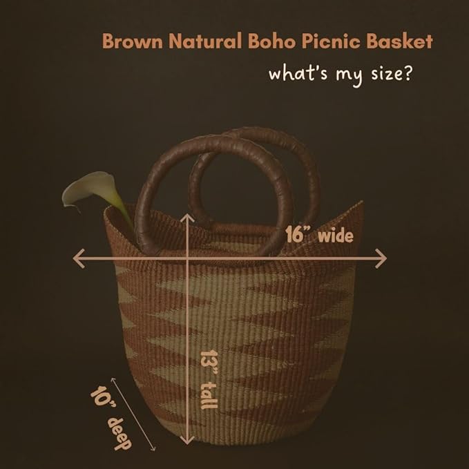 Brown Natural Picnic Basket, Reusable Grocery Bag, Kitchen & Dining Storage, Countertop Fruits Holder, Farmers Market, Beach, Harvesting, Foraging, Decorative, Wicker, Woven, Boho Style