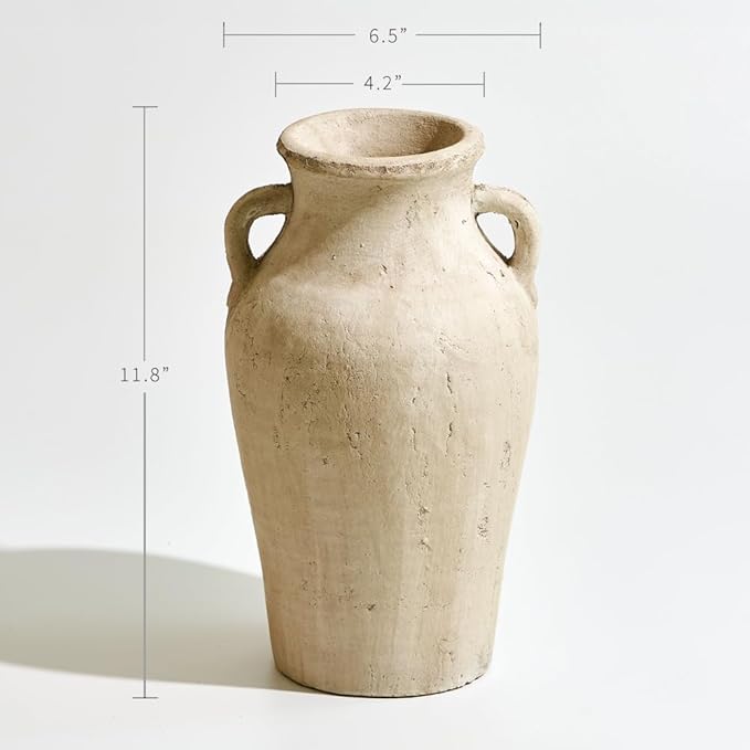LB2 Rustic Ceramic Vase, 11.8" Tall Zen Style vase, Terra Cotta Pitcher, Distressed Farmhouse Decor, Pottery Decorative Flower Vase for Home Decor