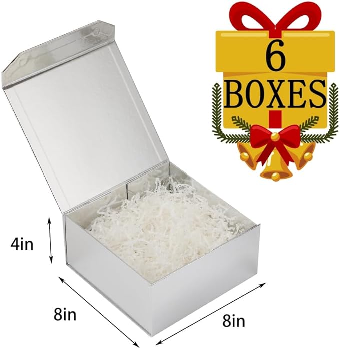 6 Pcs Silver Gift Box 8x8x4 Inch Small Magnetic Gift Boxes with Crinkle Paper Silver Small Gift Box with Lids for Presents