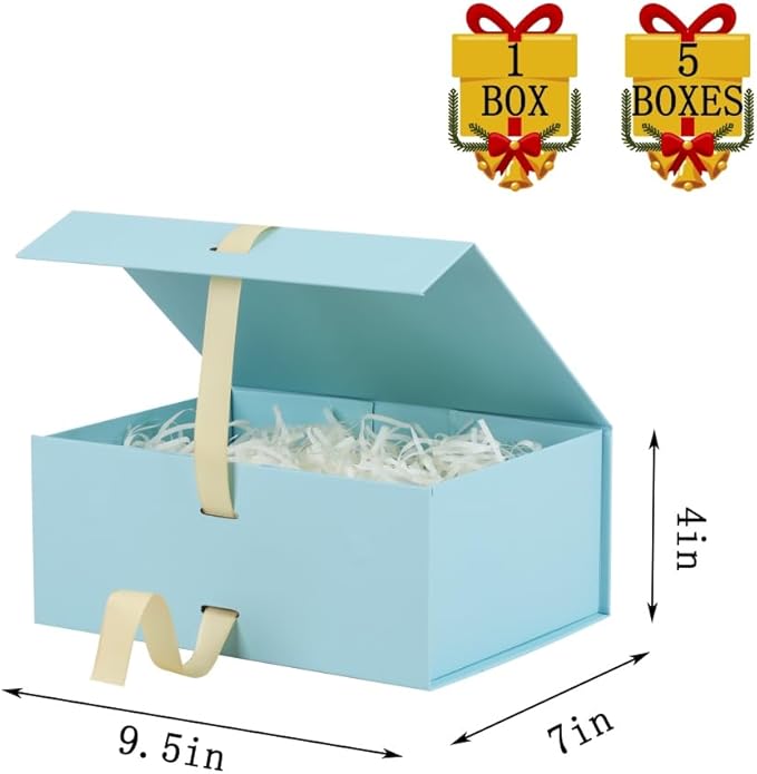 Skivra Blue Gift Box with Ribbon - 1 Pack, 9.5x7x4 Inch Small Collapsible Luxury Gift Box with Lid and Magnetic Closure, Rectangle, Crinkle Cut Paper Shred with Card