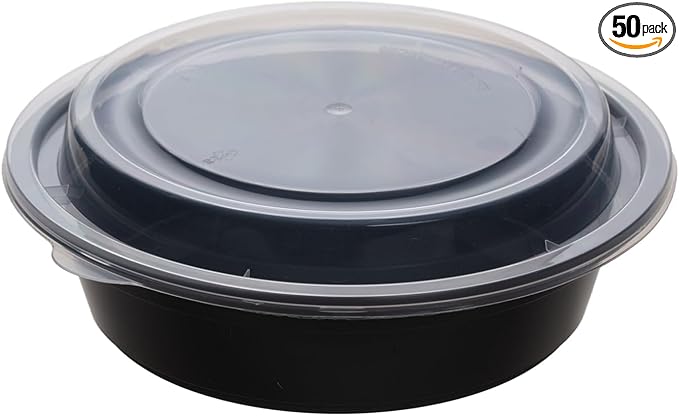 Meal Prep Containers with Lids, Round Shape, 50 Packs (100 Pieces) 24 Oz, Black Color, Meal Bowls, Round To Go Containers, BPA-Free, Freezer & Dishwasher Safe