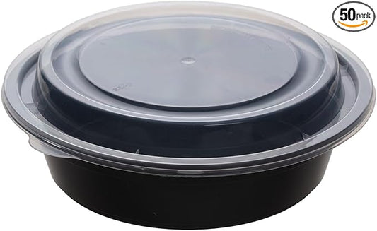 Meal Prep Containers with Lids, Round Shape, 50 Packs (100 Pieces) 24 Oz, Black Color, Meal Bowls, Round To Go Containers, BPA-Free, Freezer & Dishwasher Safe