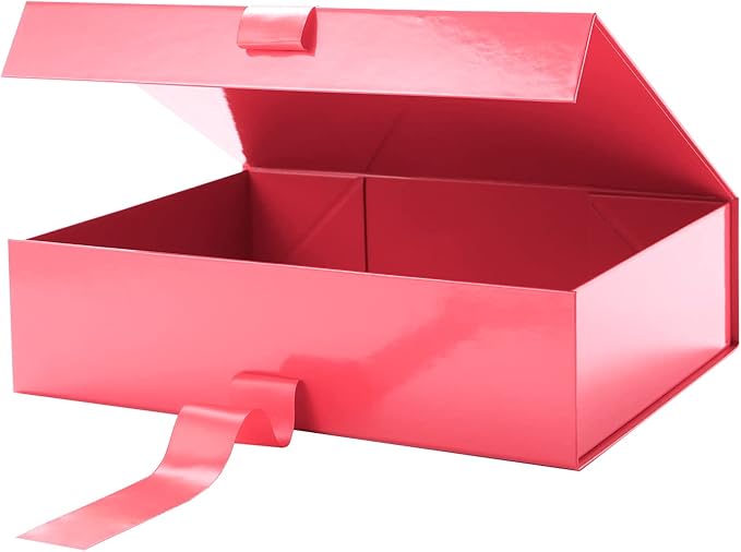 GREEN BEAN Large Gift Box with Lid for Presents 13x9.7x3.4 Inches, Red Magnetic with Ribbon Luxury Gift Box, Bridesmaid Proposal Box (Glossy Red)