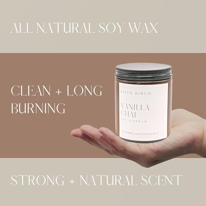River Birch Candles Vanilla Chai Scented Candle | Premium, All-Natural, Non-Toxic, Soy Amber Jar Candles | 8.5oz 40 Hr Burn Time | Cozy Relaxing Gifts for Home