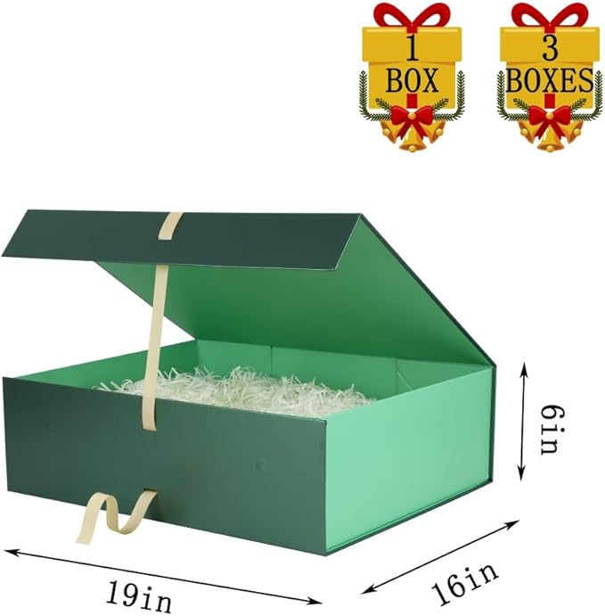 BoxSkivra Green Extra Large Gift Box with Lid 1 Pack 19x16x6 Inch Large Gift Boxes with Crinkle Paper & Card Magnetic Gift Box with Ribbon for Wedding Dress