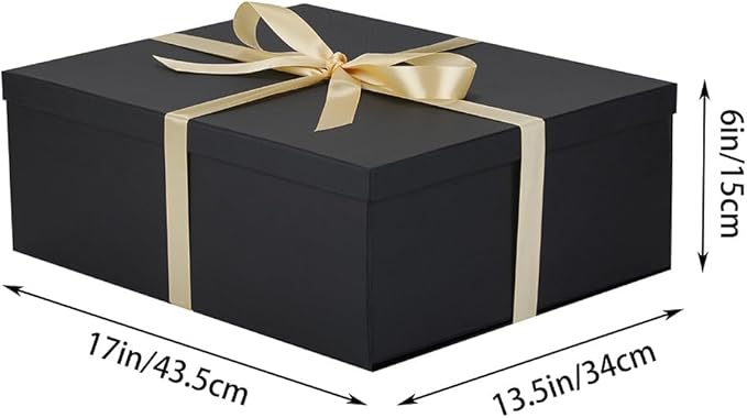Extra Large Gift Box with Lid 17x13x6 Inches, Black Gift Boxes for presents Packaging for Birthdays, Valentine's Day, Christmas, Anniversaries (Include Shredded Paper Fill, Envelope Card Ribbon)