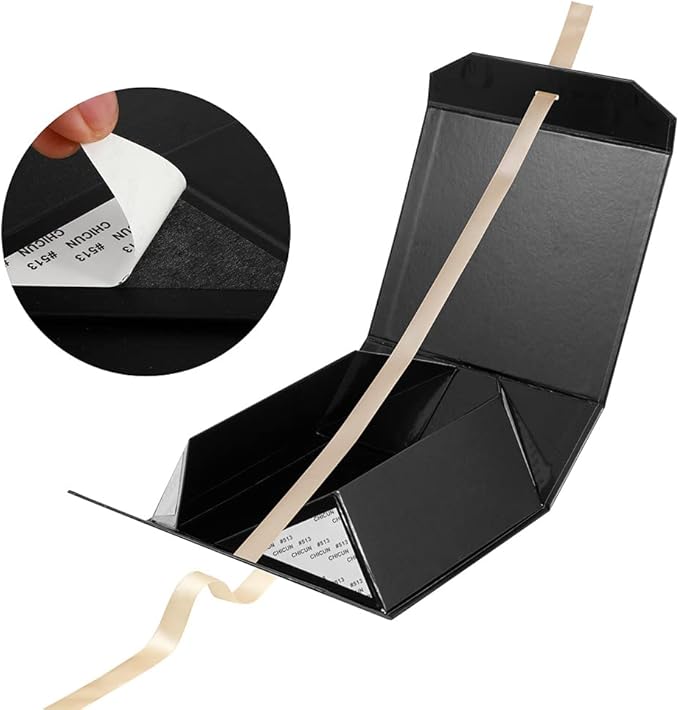 Black Gift Boxes 8x7x3.3 Inches, Luxury Gift Boxes with Ribbon, Empty Gift Boxes with Lid Magnetic Closure, Groomsman Boxes, Wedding (Glossy Black)