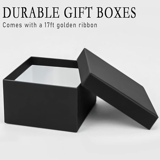 Bengnkes Black Gift Box Small Gift Boxes with Lids for Presents 4 Packs Square Luxury Nesting Gift Boxes with 17ft Ribbon for Birthday Bridesmaid Wedding Christmas Proposal
