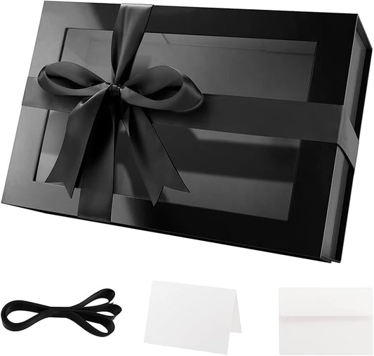 PACKQUEEN Large Black Gift Box with Window, 13.5x9x4.1 Inches Clear Gift Box for Present Contains Ribbon, Card, Groomsman Proposal Box with Magnetic Lid (Glossy Black)