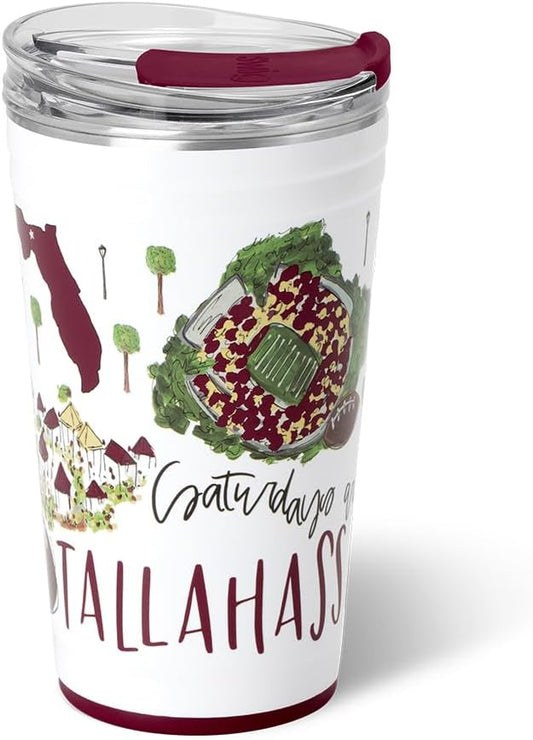 Swig Life 24oz Party Cup, Stackable Insulated Travel Coffee Tumbler with EZ Slider Lid, Cup Holder Friendly, Stainless Steel 24 oz Tumbler, Reusable Mug (Saturdays In Tallahassee)