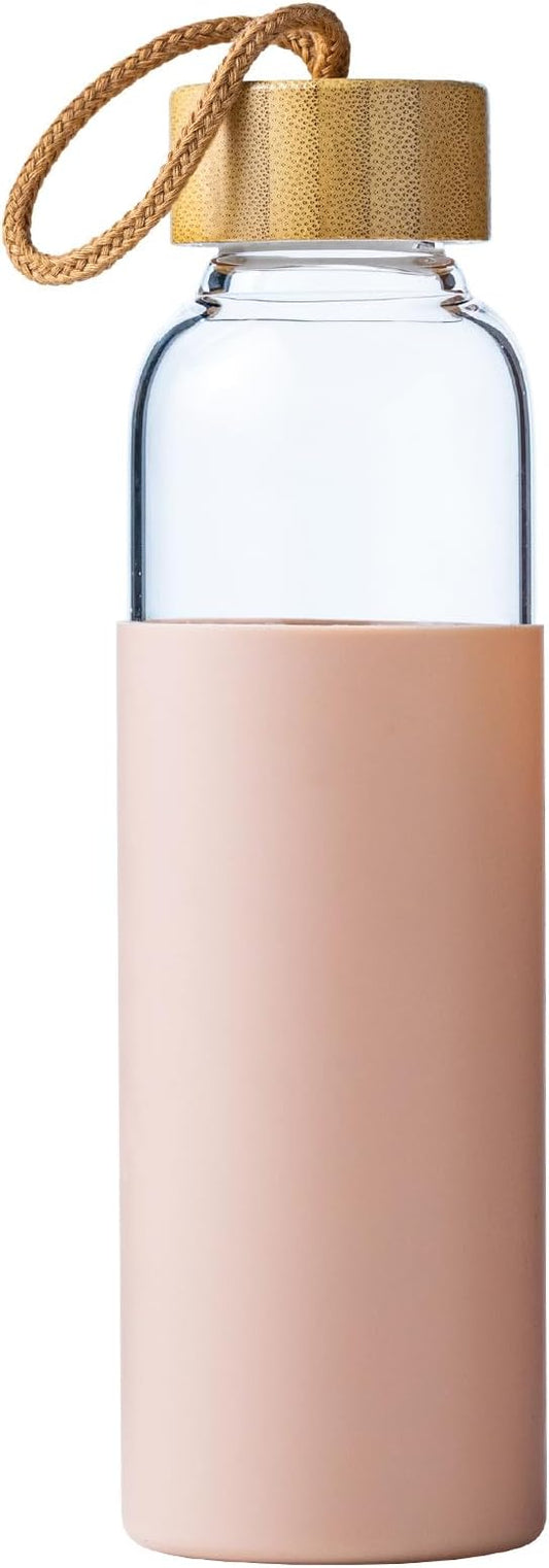 21oz Glass Water Bottle with Silicone Sleeve & Bamboo Lid, BPA Free Reusable Water Bottle Glass for Gym Office Travel, Gift for Fitness Enthusiasts (Pink)