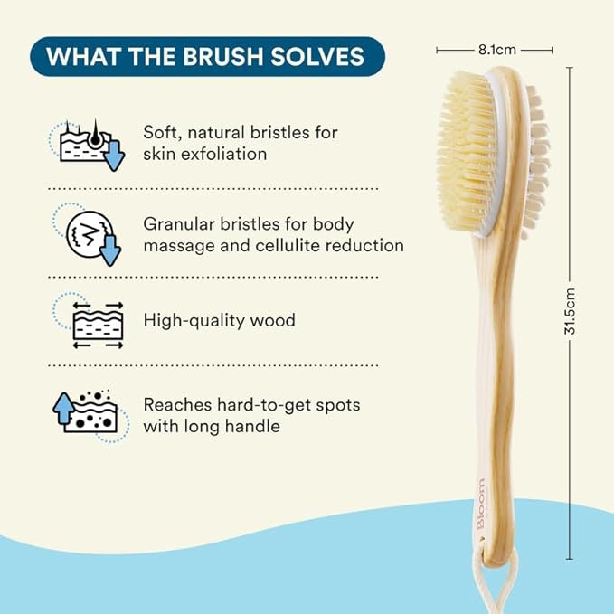 Bloom 2-in-1 Long Handle Body Brush | 1 Unit | for Skin Exfoliation and Massage | Reduces Cellulite | Stimulates Blood Circulation & Reduces Dead Skin Cells | Natural, Soft Bristles