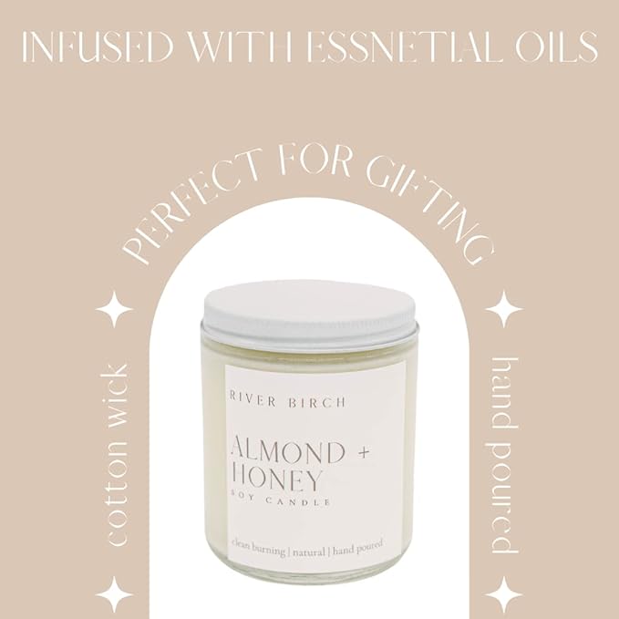 River Birch Candles Almond + Honey Scented Candle | Premium, All-Natural, Non-Toxic, Soy Candles | 8.5oz 40 Hr Burn Time | Cozy Relaxing Gifts for Home