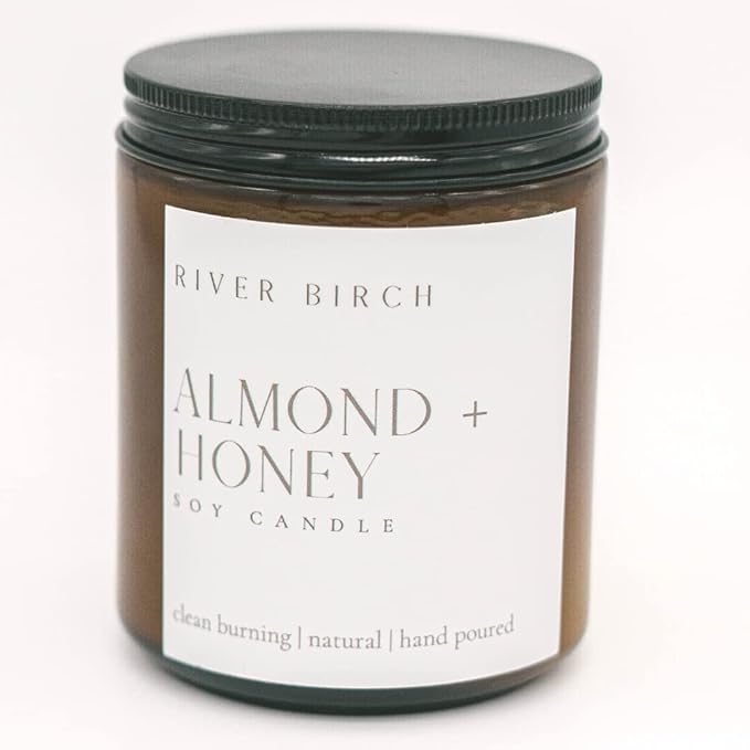 River Birch Candles Almond + Honey Scented Candle | Premium, All-Natural, Non-Toxic, Soy Amber Jar Candles | 8.5oz 40 Hr Burn Time | Cozy Relaxing Gifts for Home