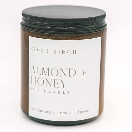 River Birch Candles Almond + Honey Scented Candle | Premium, All-Natural, Non-Toxic, Soy Amber Jar Candles | 8.5oz 40 Hr Burn Time | Cozy Relaxing Gifts for Home
