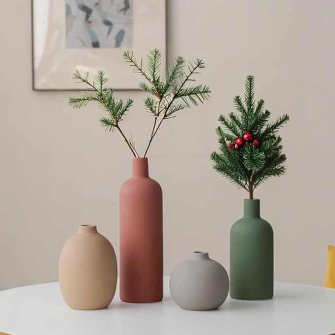 Modern Ceramic Vase Set, Neutral Colors, Decorative Vases for Home Decor, 4 Piece Collection (Green Mix Set 4)