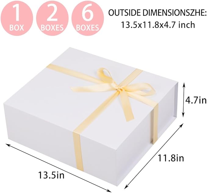 UoeRing 2 Pack White Gift Box Large 13.5x11.8x4.7 inch Luxury Gift Box for Presents with Magnetic Closure Lid Collapsible,Birthday,Christmas,Contains Card, Ribbon, Tissue Paper,Shredded Paper Filler