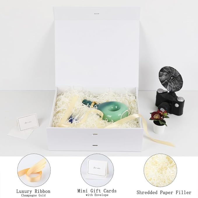 BoxSkivra Large White Gift Box with Ribbon 1 Pack 16.5X13X5.3 Inch Extra Large Gift Box with Lid Magnetic Closure Rectangle Collapsible Luxury Boxes for Wedding Dress、Shredded Paper Filler & Card