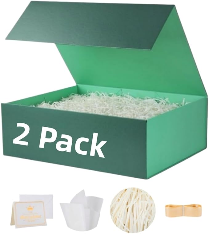 UoeRing 2 Pack Green Gift Box Large 13.5x11.8x4.7 inch Luxury Gift Box for Presents with Magnetic Closure Lid Collapsible,Birthday,Christmas,Contains Card, Ribbon, Tissue Paper,Shredded Paper Filler