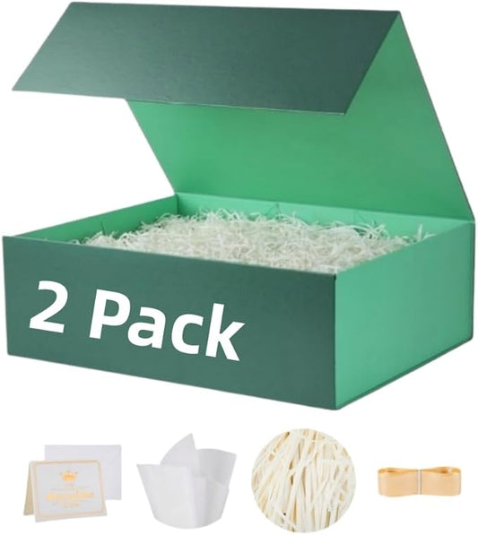 UoeRing 2 Pack Green Gift Box Large 13.5x11.8x4.7 inch Luxury Gift Box for Presents with Magnetic Closure Lid Collapsible,Birthday,Christmas,Contains Card, Ribbon, Tissue Paper,Shredded Paper Filler