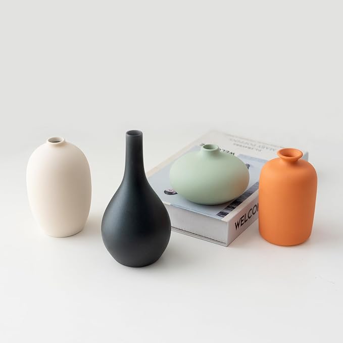 Set of 4 Small Matte Ceramic Vases - Modern & Bohemian Decor for Home, Office, Shelve, Living Room Table, Mantel, Bedroom, Entryway, Rustic Farmhouse Decorative Vases & More（Hademade