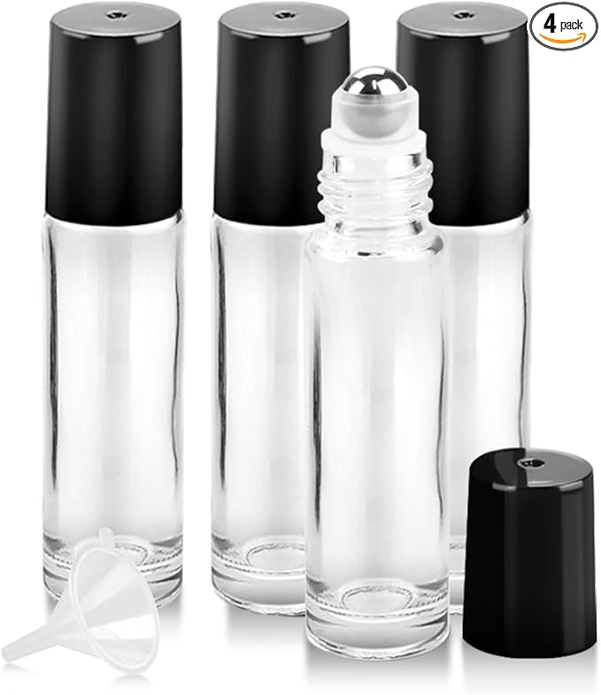 4 Pack Essential Oil Roller Bottles, 10ml Refillable Clear Glass Roller Bottles with Stainless Steel Roller Balls and Caps for Travel, Perfume and Lip Gloss