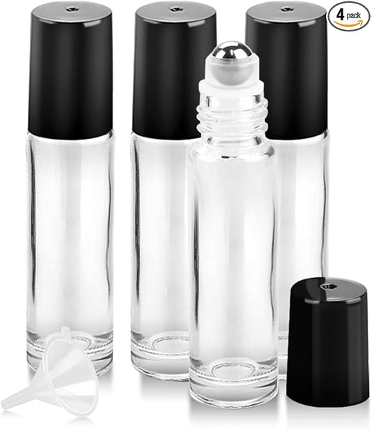 4 Pack Essential Oil Roller Bottles, 10ml Refillable Clear Glass Roller Bottles with Stainless Steel Roller Balls and Caps for Travel, Perfume and Lip Gloss