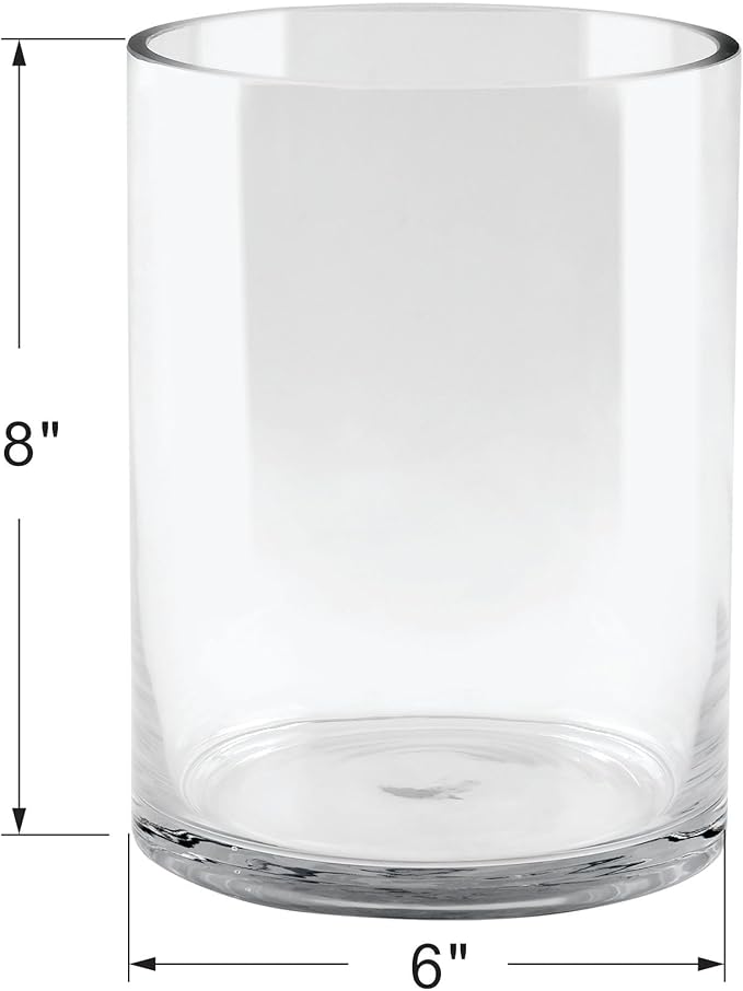 6" Wide 8" High Large Hand Blown Sturdy Clear Cylinder Glass Vase, Centerpiece Flower Vase for Rose, Tulip, Boquets, Hurricane Candle Holder (1, 6"x8")