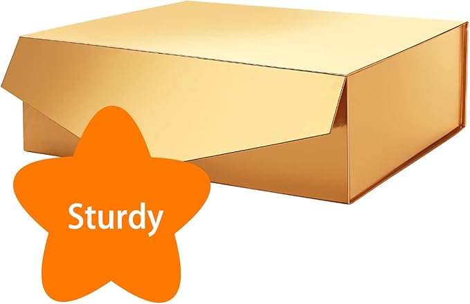 Large Gold Collapsible Gift Box with Magnetic Closure Lid 13.5x9x4.1 Inches, Bridesmaid Proposal Box for Present (Glossy Gold, 1 Pack)