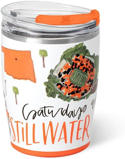 Swig Life 12oz Insulated Tumbler, Travel Coffee Tumbler with Lid, Cup Holder Friendly Travel Coffee Mug, Stainless Steel, 12 oz Reusable Insulated Coffee Mug (Saturdays in Stillwater)