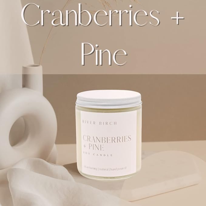 River Birch Candles Cranberries + Pine Scented Candle | Premium, All-Natural, Non-Toxic, Soy Candles | 8.5oz 40 Hr Burn Time | Cozy Relaxing Gifts for Home