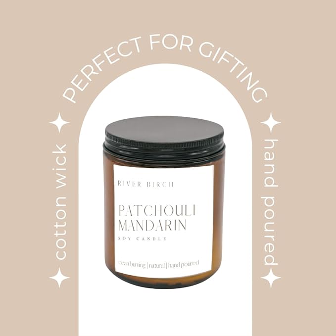 River Birch Candles Patchouli Mandarin Scented Candle | Premium, All-Natural, Non-Toxic, Soy Amber Jar Candles | 8.5oz 40 Hr Burn Time | Cozy Relaxing Gifts for Home