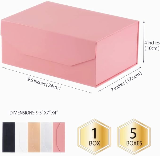 5PCS Pink Gift Box with Ribbon 9.5x7x4 Inches，Sturdy Gift Box with Lid for Gift Packaging, Foldable Magnetic Closure Storage Boxes, Bridesmaid proposal box, Rectangle Collapsible Box