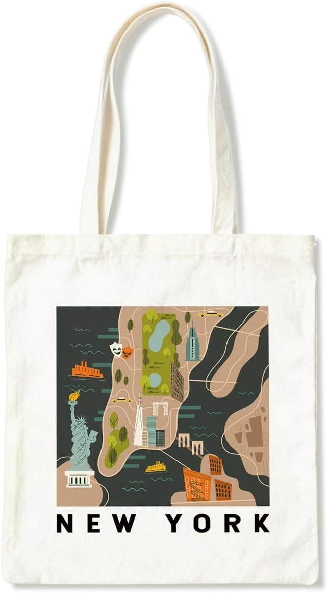 New York Map Canvas Tote Bag, New York Travel Gifts Shoulder Bags, Christmas Gifts to Friends and Family, Reusable Shoulder Tote Bag, Holiday Gift Bags for Wrap Storage