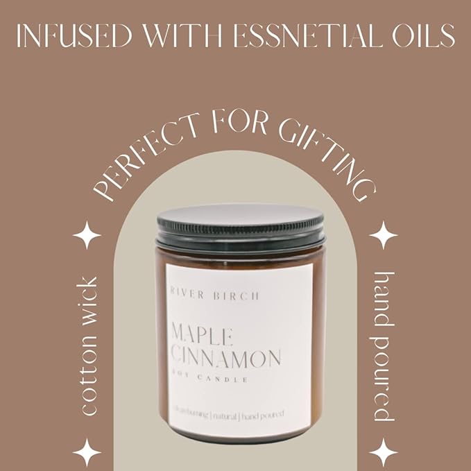 River Birch Candles Maple Cinnamon Scented Candle | Premium, All-Natural, Non-Toxic, Soy Candles | 8.5oz 40 Hr Burn Time | Cozy Relaxing Gifts for Home