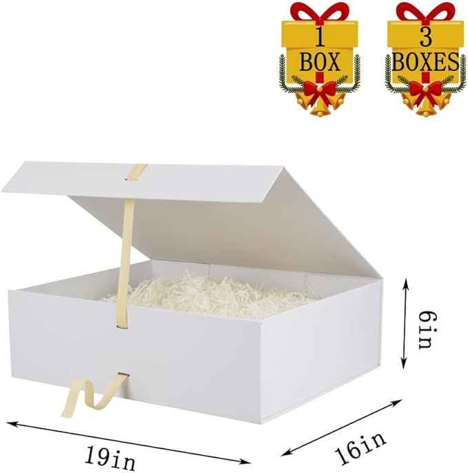 3 Pack 19x16x6 Inch Extra Large Gift Boxes with Lids for Presents Large White Gift Box with Ribbon Foldable Gift Boxes with Shredded Paper Jumbo Gift Box Bridesmaid Proposal Box