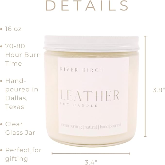 River Birch Candles Leather Scented Candle | Premium, All-Natural, Non-Toxic, Soy Candles | 16oz 90 Hr Burn Time | Cozy Relaxing Gifts for Home
