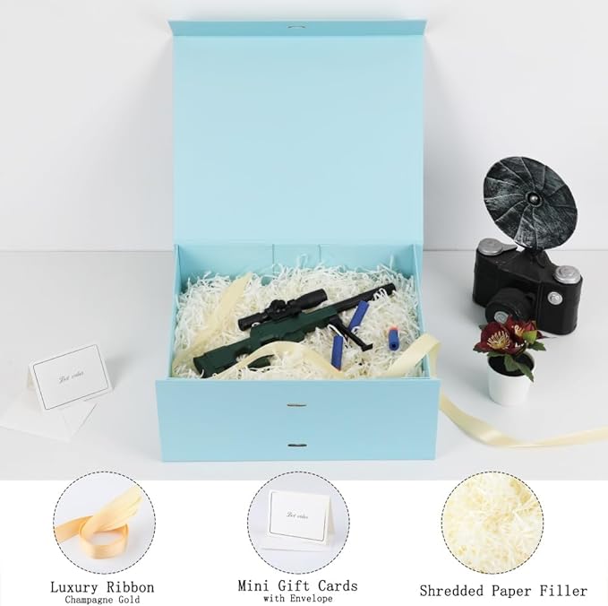 Blue Foldable Gift Boxes - 5 Pack, 13x11x5.3 Inch, Ribbon Decorated, Perfect for Christmas, Groomsmen Gifts, Includes Shredded Paper and Cards