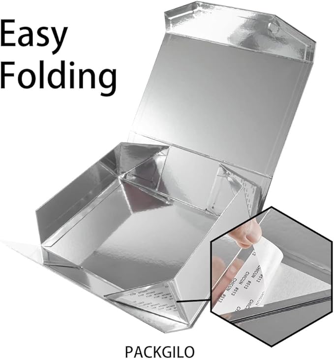 2 Silver Large Gift Box with Lid 13x9x4 Inches, Bridesmaid Proposal Box, Groomsman Box Reusable Gift Box for Clothes (Glossy Silver),1 Count (Pack of 2)