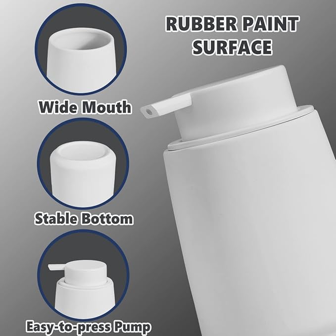 White Foam Hand Soap Dispenser - 12Oz Ceramic Foaming Soap Dispenser with Easy-to-Press Black Pump, Reusable and Refillable Liquid Lotion Dish Soap Dispensers for Bathroom, Kitchen (Rubber Paint)