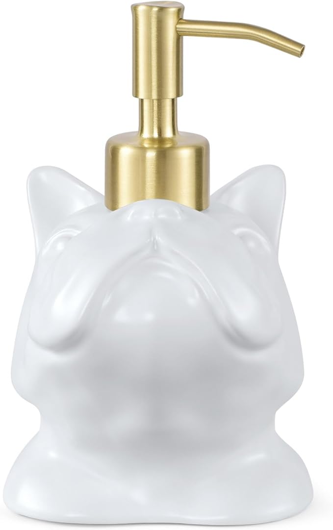 French Bulldog Shaped Soap/Lotion/Hand Sanitizer Bulldog Ceramic Stainless Steel Pump Dispenser Gifts for Lover, Refillable for Kitchen and Bathroom(White)