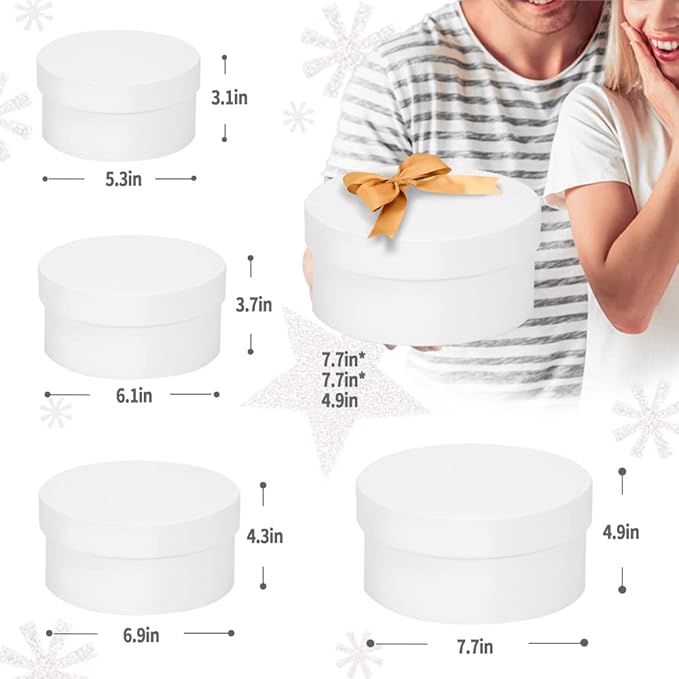 Bengnkes Round Gift Box White Gift Boxes with Lids for Presents 4 Packs Luxury Nesting Gift Boxes Small with 17ft Ribbon for Bridesmaid Valentines Mother's day Graduation