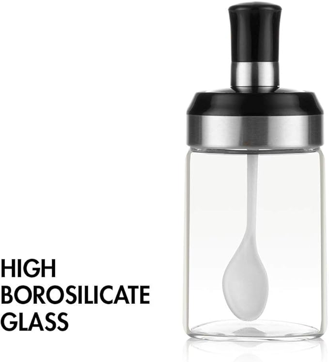 BOILING POINT Sauce Jar Sugar Container Glass Jar Combination Spoon with Lid Canisters Storing Seasoning Spices Salt Sugar for Kitchen Counter Food Storage with Decorative Sticker 9.7oz / 280ml